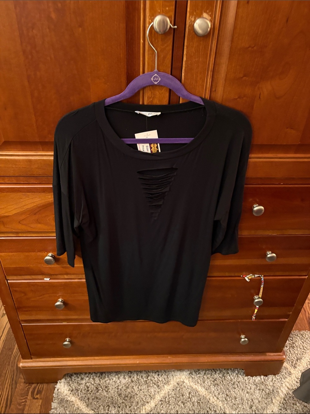 Women’s Black Short Sleeve Distressed Front Tee